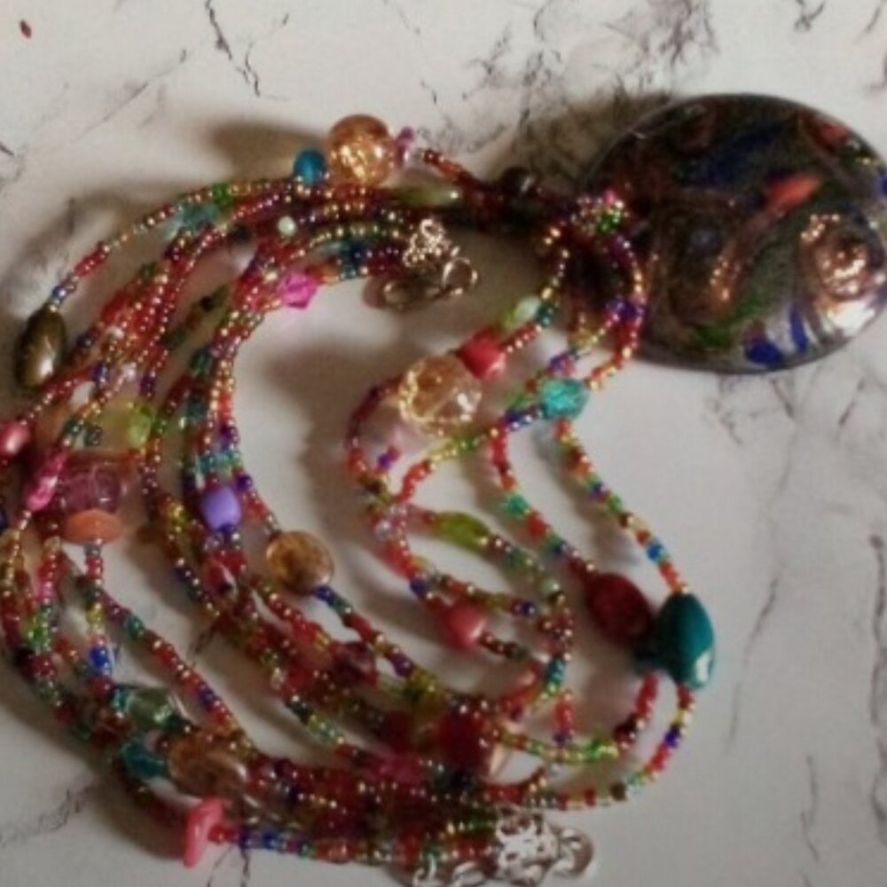 Modernist Abstract Medallion Art Dichroic Glass Multi-Strand Necklace